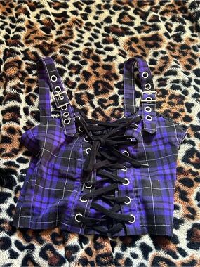Dolls Kill Purple Plaid Lace-Up Cropped Tank